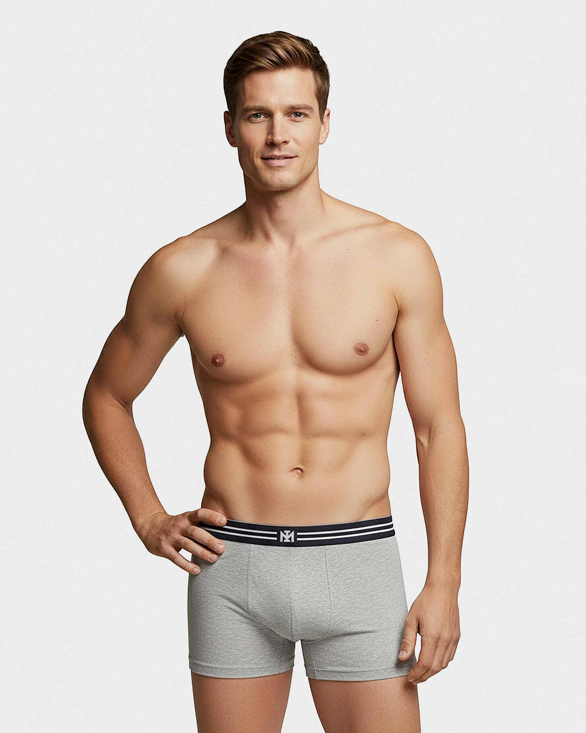 Maison Sarava men's grey cotton boxer briefs with a navy and white striped waistband featuring a micro logo.