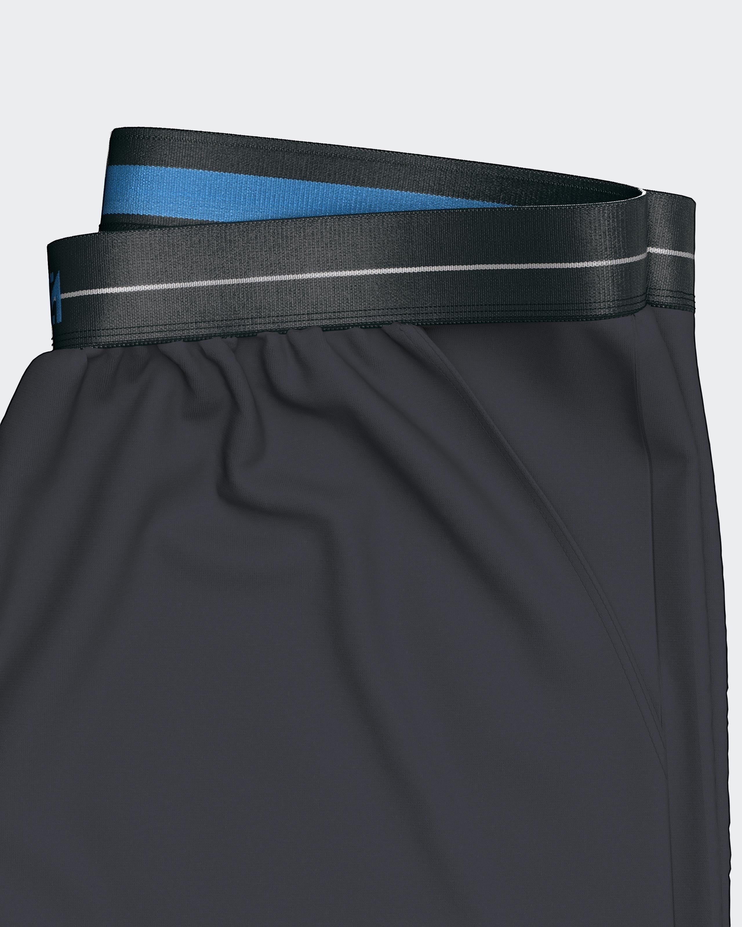 Maison Sarava men's dark grey 100% cotton lounge shorts with elasticated waistband and blue stripe detail.