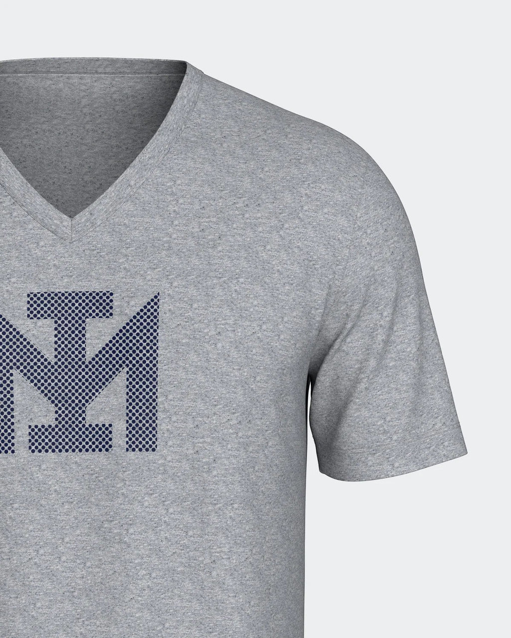 Maison Sarava men's grey V-neck 100% cotton t-shirt with navy dotted logo print.