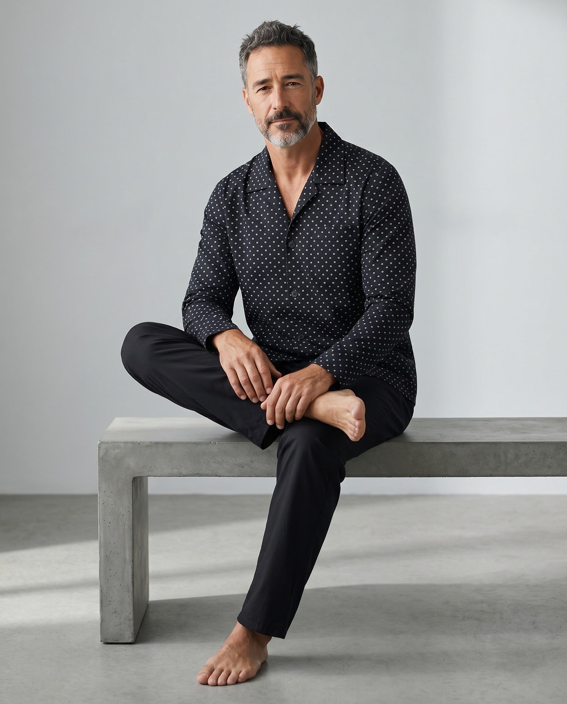 Maison Sarava men's dark grey 100% cotton knit lounge set with micro-print button-down shirt and plain trousers with side pockets.
