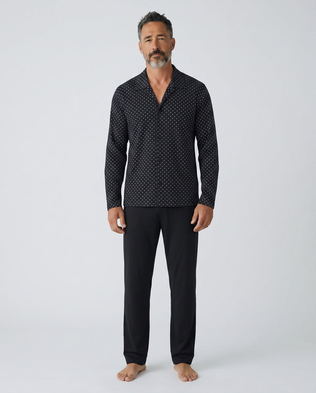 Maison Sarava men's dark grey 100% cotton knit lounge set with micro-print button-down shirt and plain trousers with side pockets.