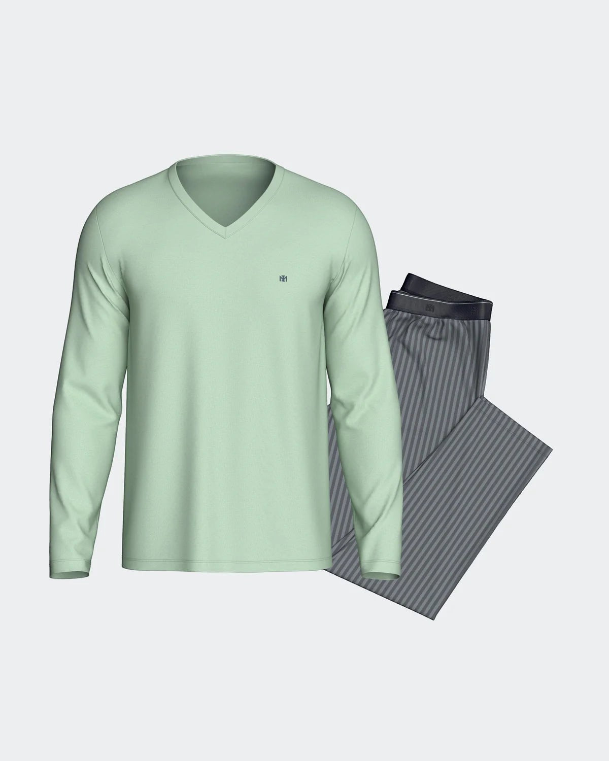 Maison Sarava men's light green V-neck long sleeve top with chest embroidery and grey striped lounge pants. Cotton Modal blend.