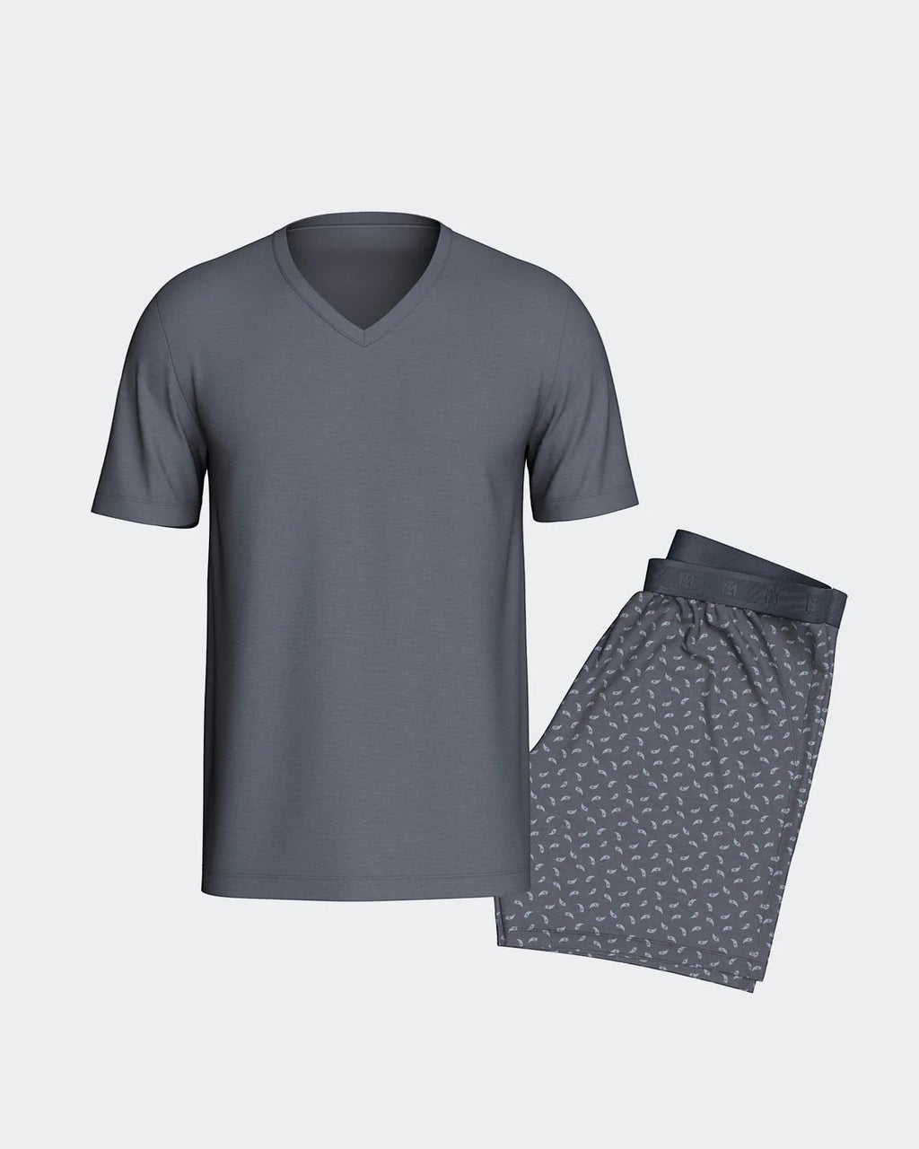 Maison Sarava men's grey lyocell short sleeve V-neck t-shirt and printed shorts loungewear set.
