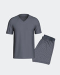 Maison Sarava men's grey lyocell short sleeve V-neck t-shirt and printed shorts loungewear set.