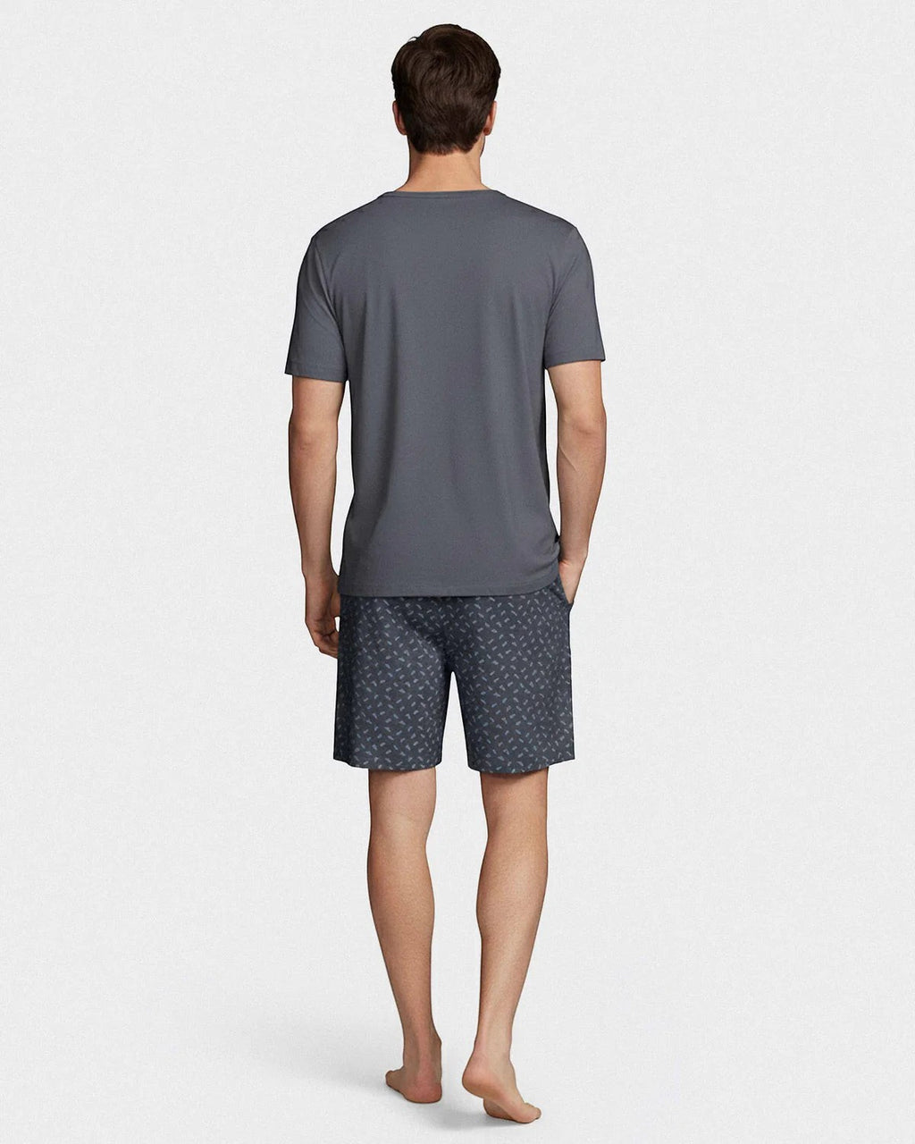 Maison Sarava men's dark grey lyocell short sleeve V-neck top and printed shorts loungewear set.