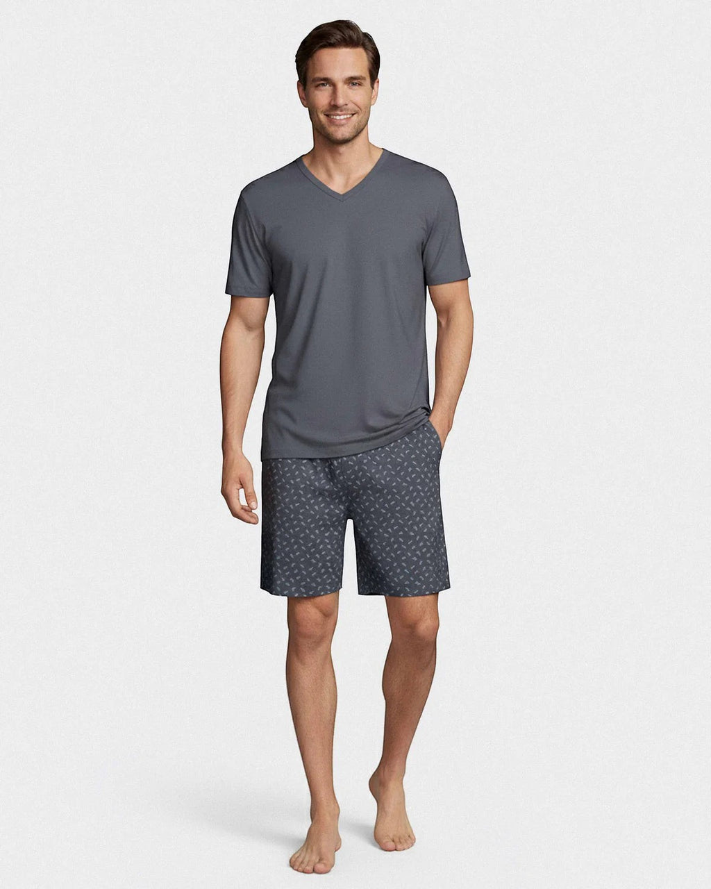 Maison Sarava men's grey V-neck short sleeve lyocell lounge set with printed shorts and side pockets.