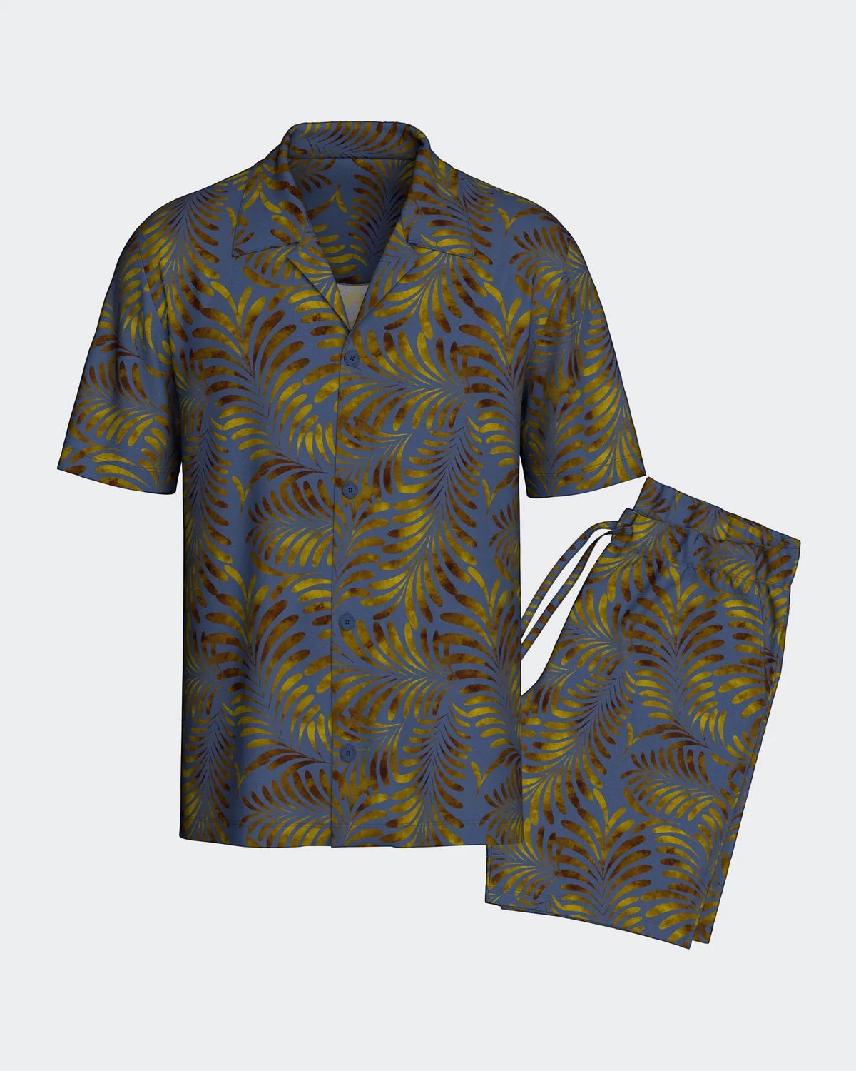 Maison Sarava men's blue lyocell lounge set with tropical leaf print, short sleeves, lapel collar, and drawstring shorts.