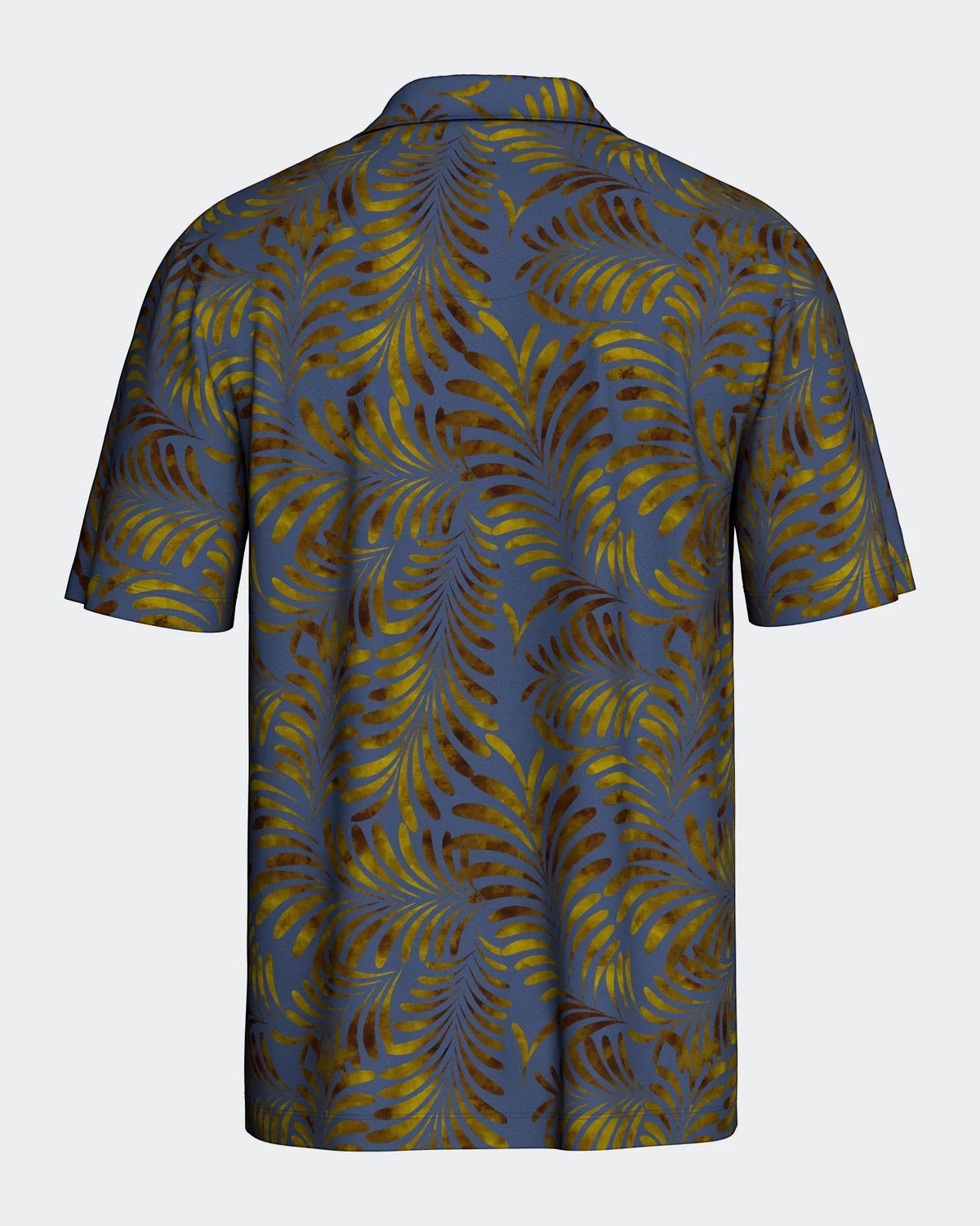 Maison Sarava men's blue lyocell short sleeve lounge shirt with tropical leaf print and lapel collar.