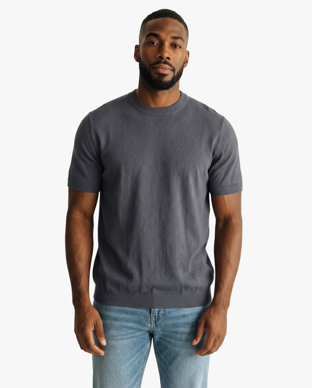 Maison Sarava men's dark grey short-sleeved t-shirt in 100% Lyocell with a round neckline and ribbed hem.