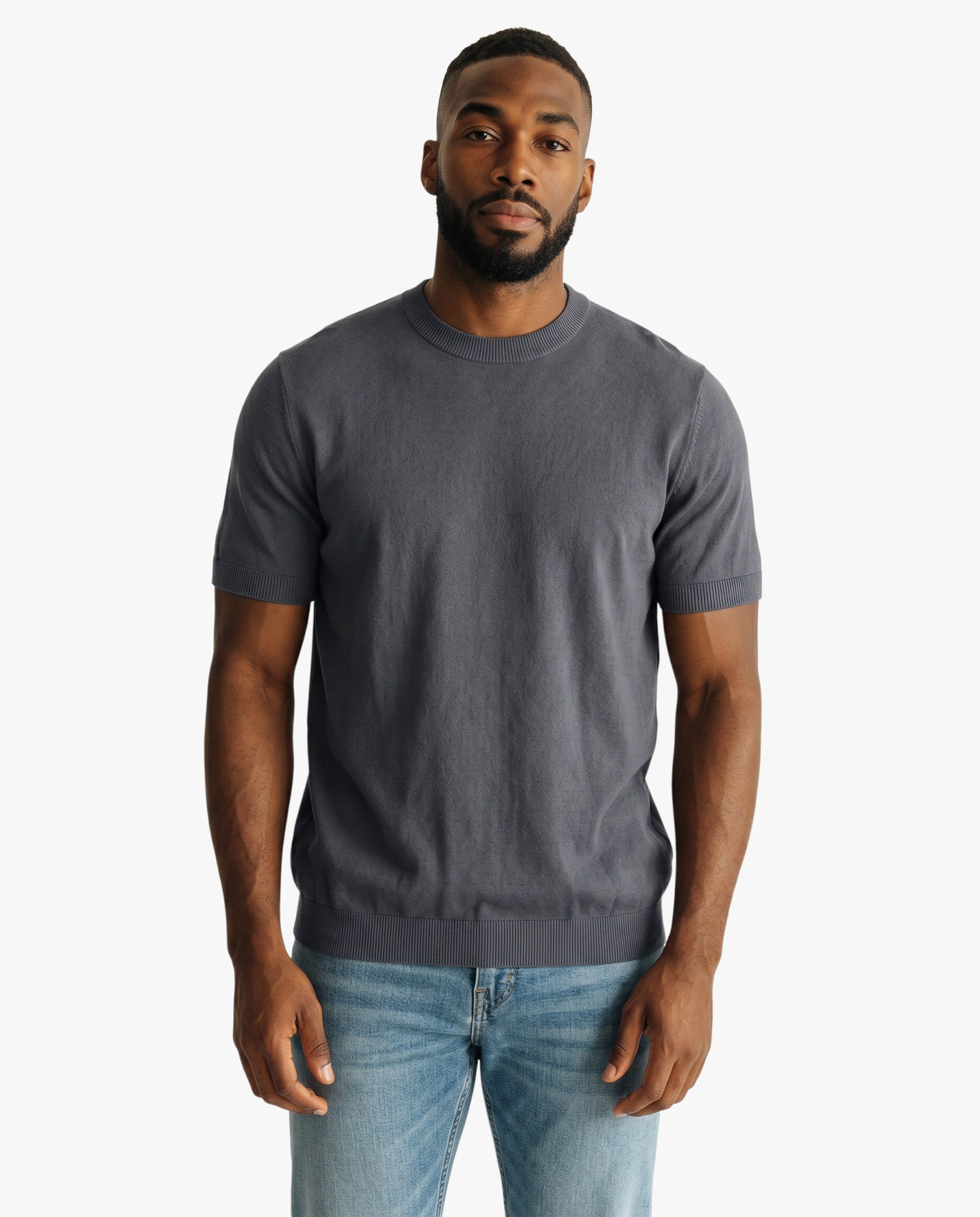 Maison Sarava men's dark grey short-sleeved t-shirt in 100% Lyocell with a round neckline and ribbed hem.