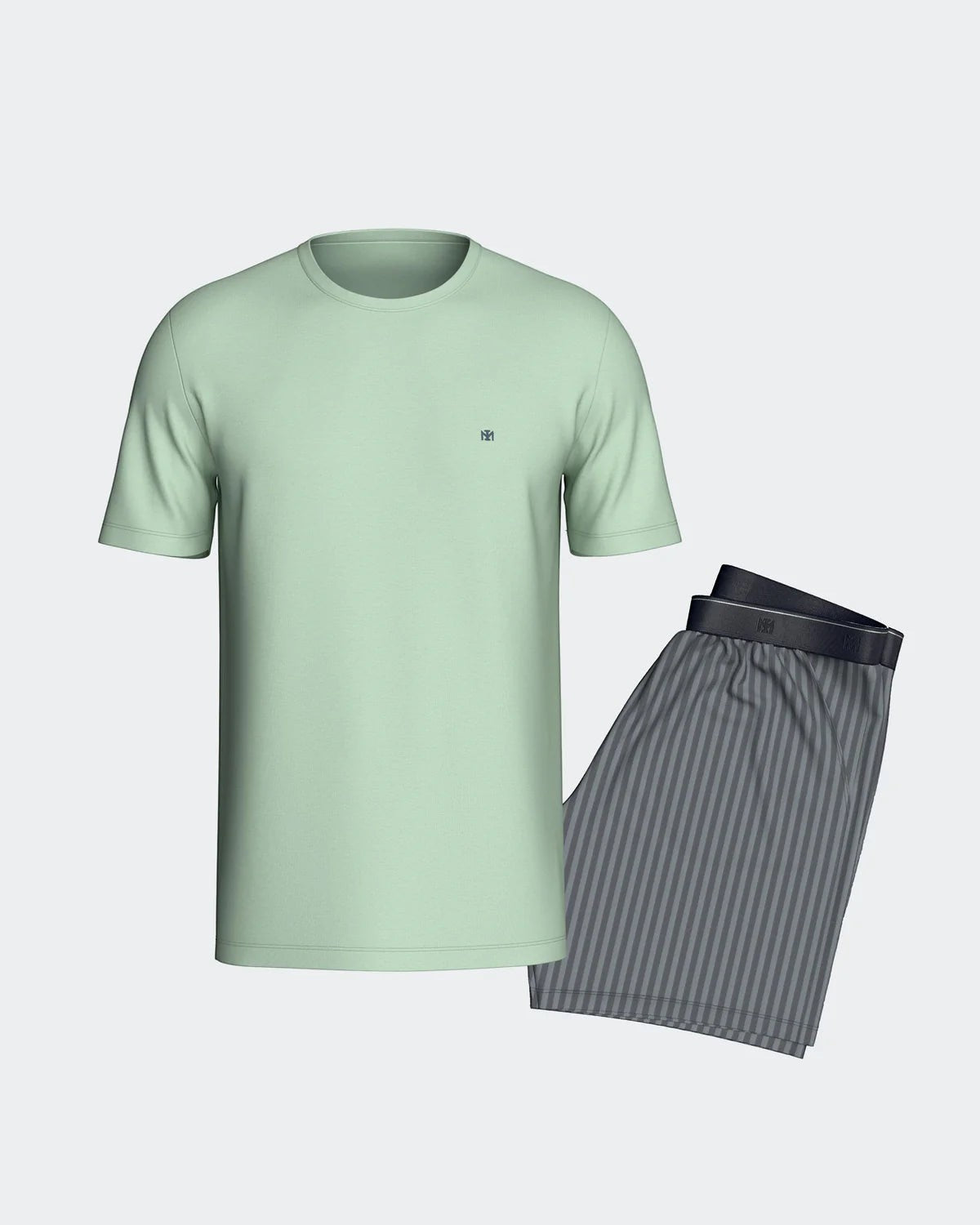 Maison Sarava men's light green modal short sleeve t-shirt with embroidered logo and grey striped shorts with elastic waistband.