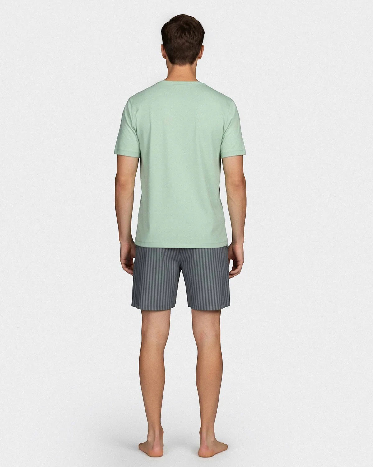 Maison Sarava men's light green short-sleeve lounge top with grey striped shorts made from TENCEL Modal and cotton.