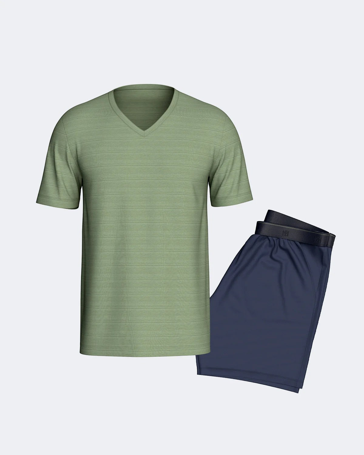 Maison Sarava men's light green short sleeve V-neck t-shirt with fine line print and navy blue shorts with side pockets. Made from TENCEL™ Modal.