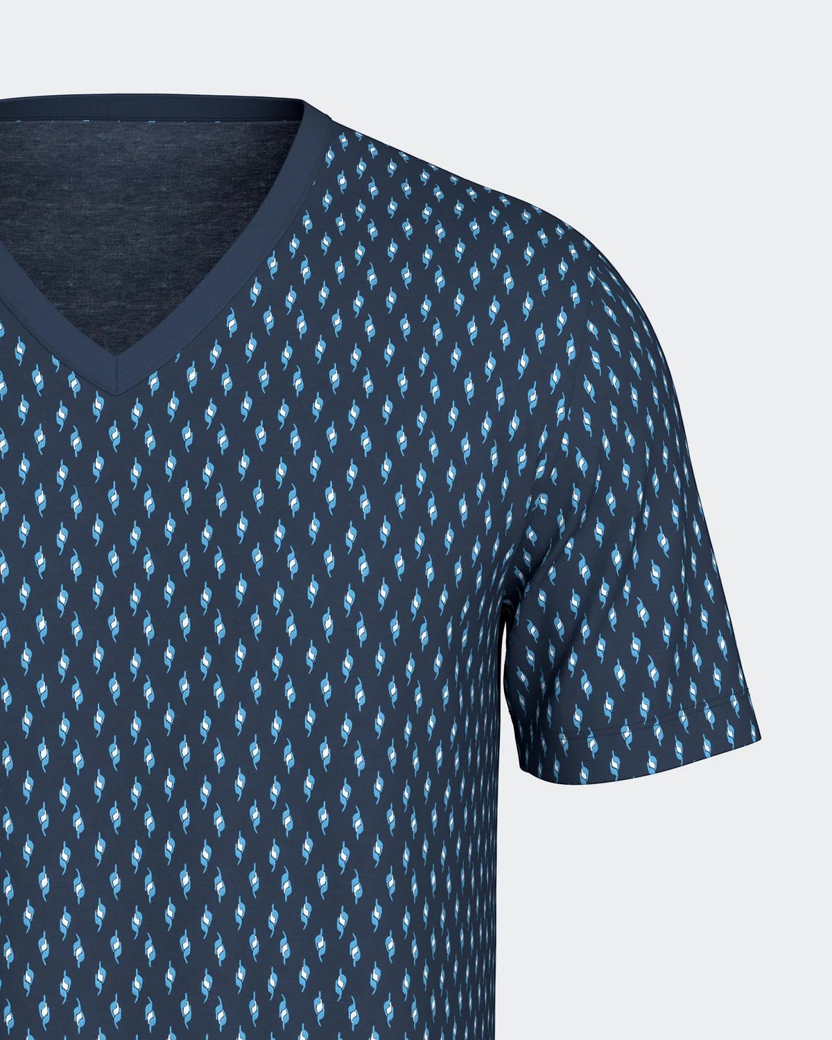 Maison Sarava men's navy blue cotton short sleeve v-neck t-shirt with a repeating light blue and white diamond pattern.