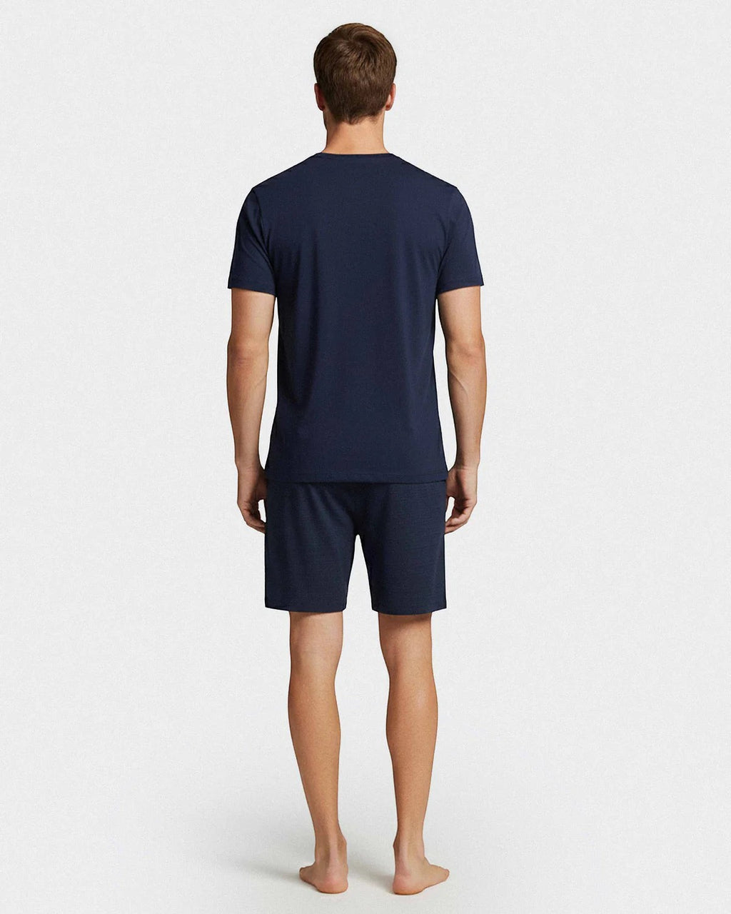 Maison Sarava men's navy blue cotton modal lounge set with short sleeves and shorts.