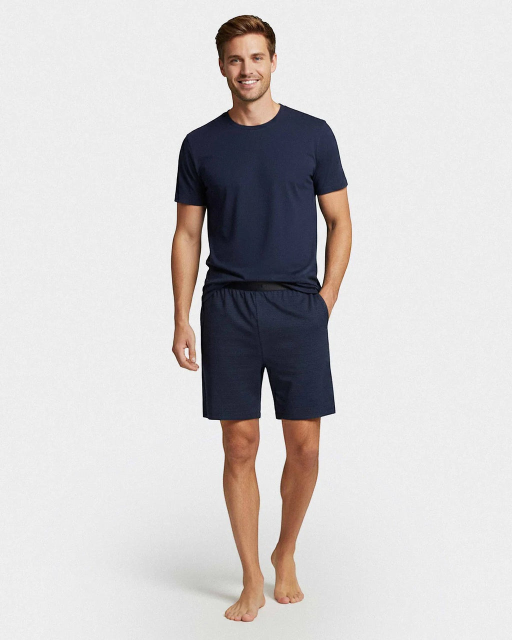 Maison Sarava men's navy blue cotton modal lounge set with short sleeves and shorts. Features a round neck top and plain shorts with side pockets.