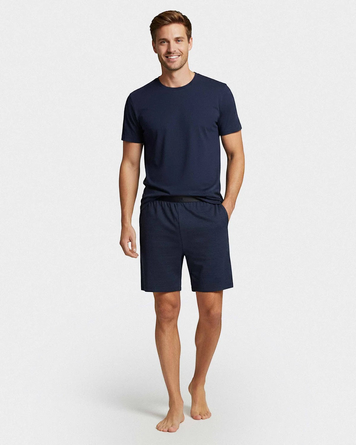 Maison Sarava men's navy blue cotton modal lounge set with short sleeves and shorts. Features a round neck top and plain shorts with side pockets.