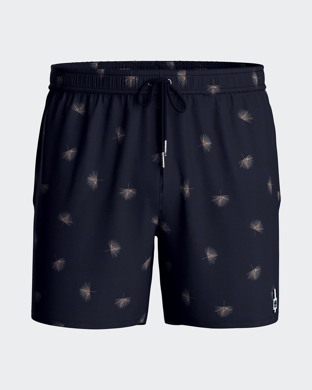 Maison Sarava men's navy blue swim trunks with a light brown micro-pattern, elastic waistband, drawstring, and side pockets.
