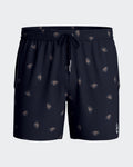 Maison Sarava men's navy blue swim trunks with a light brown micro-pattern, elastic waistband, drawstring, and side pockets.