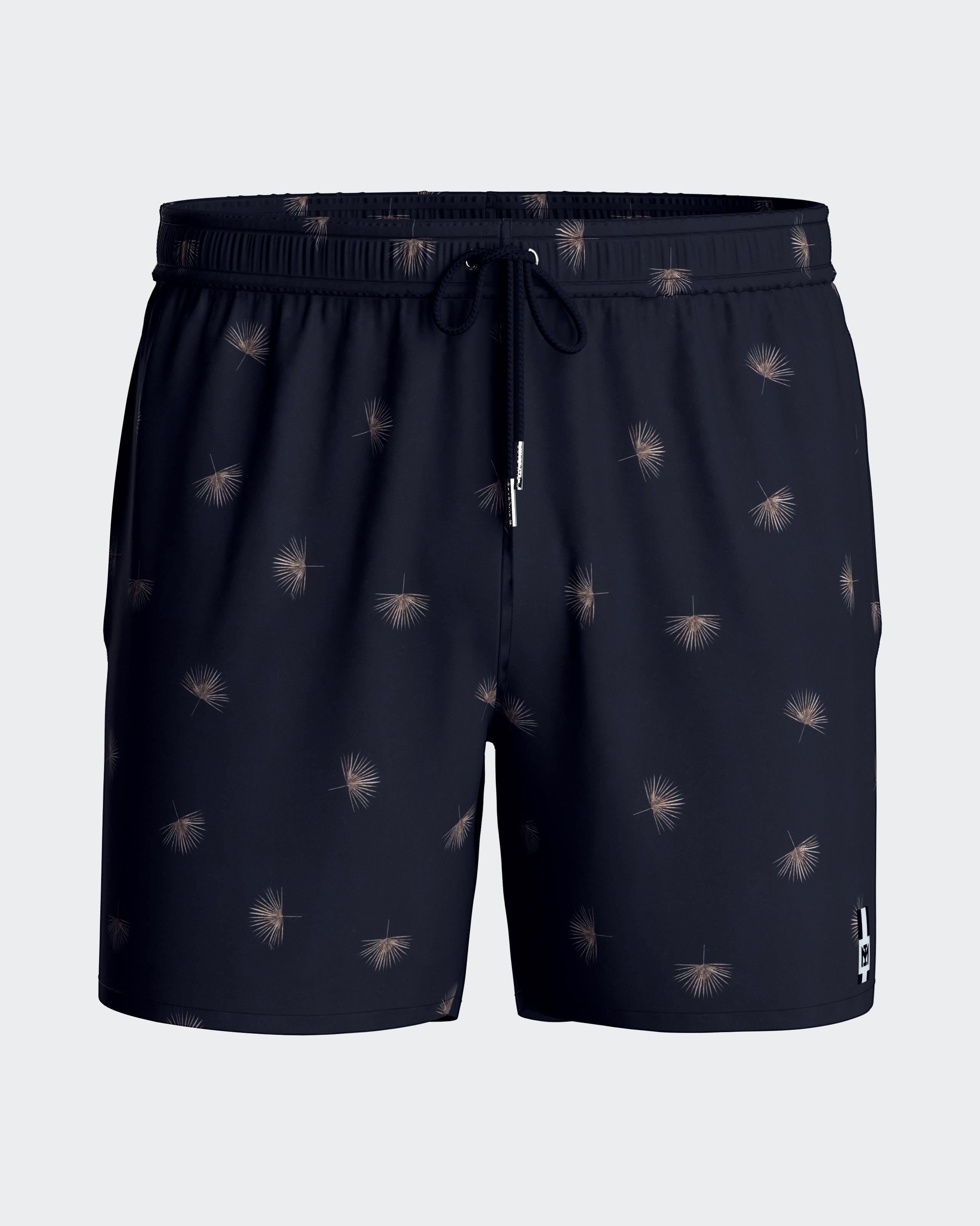 Maison Sarava men's navy blue swim trunks with a light brown micro-pattern, elastic waistband, drawstring, and side pockets.