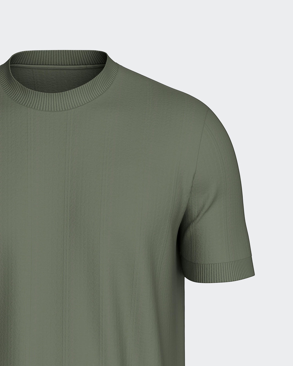 Maison Sarava men's olive green textured knit short sleeve sweater with crew neck and ribbed cuffs.