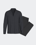 Maison Sarava men's dark grey long sleeve pyjama set with subtle micro-print shirt and plain trousers. 100% organic cotton.