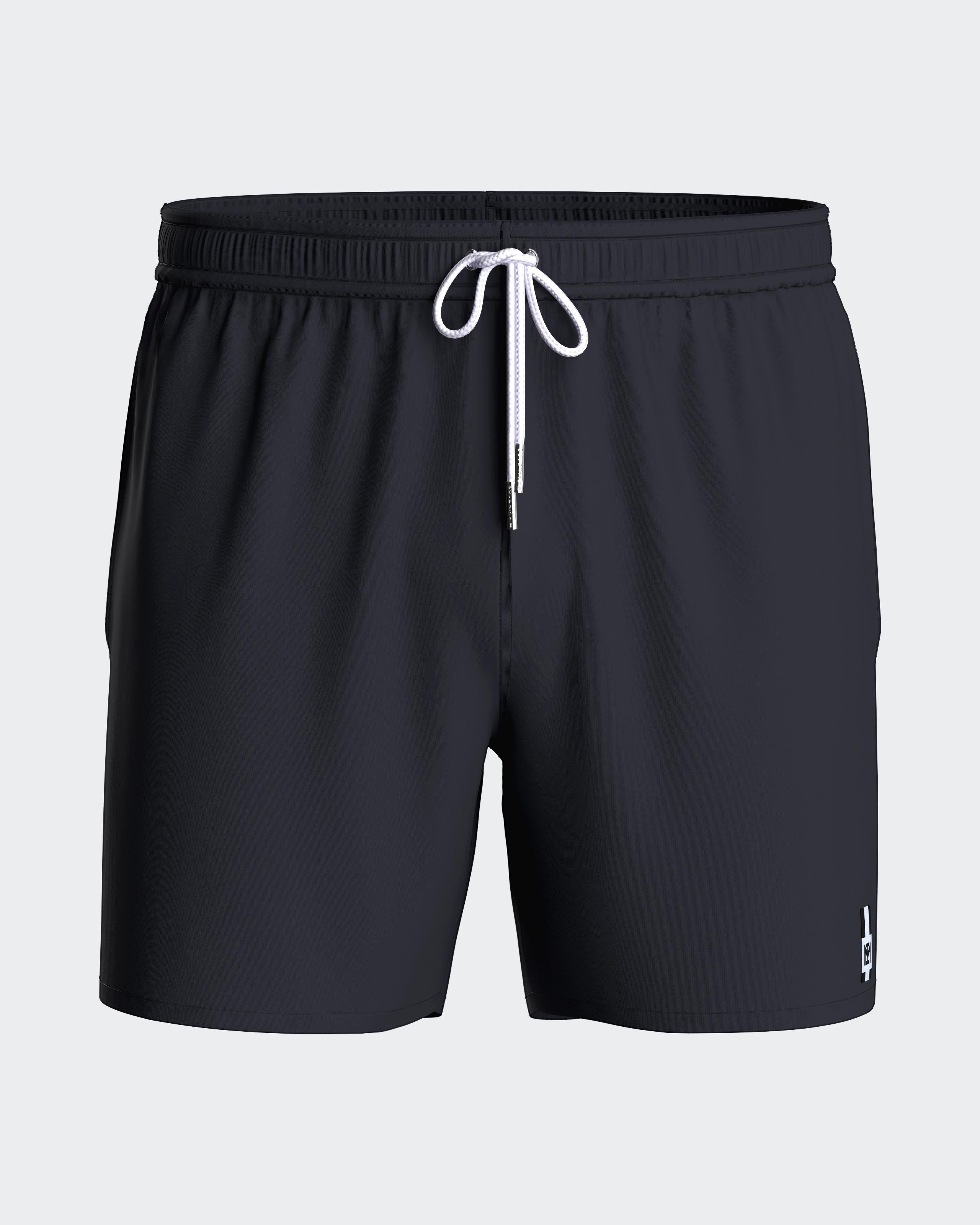 Maison Sarava men's dark grey polyester swim shorts with adjustable drawstring waist and inner mesh lining.
