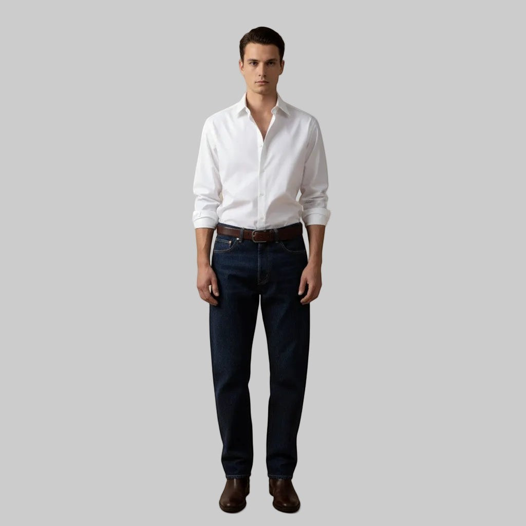 Maison Sarava men's white oversized cotton shirt with pointed collar, dropped shoulders, and double-pleat cuffs.