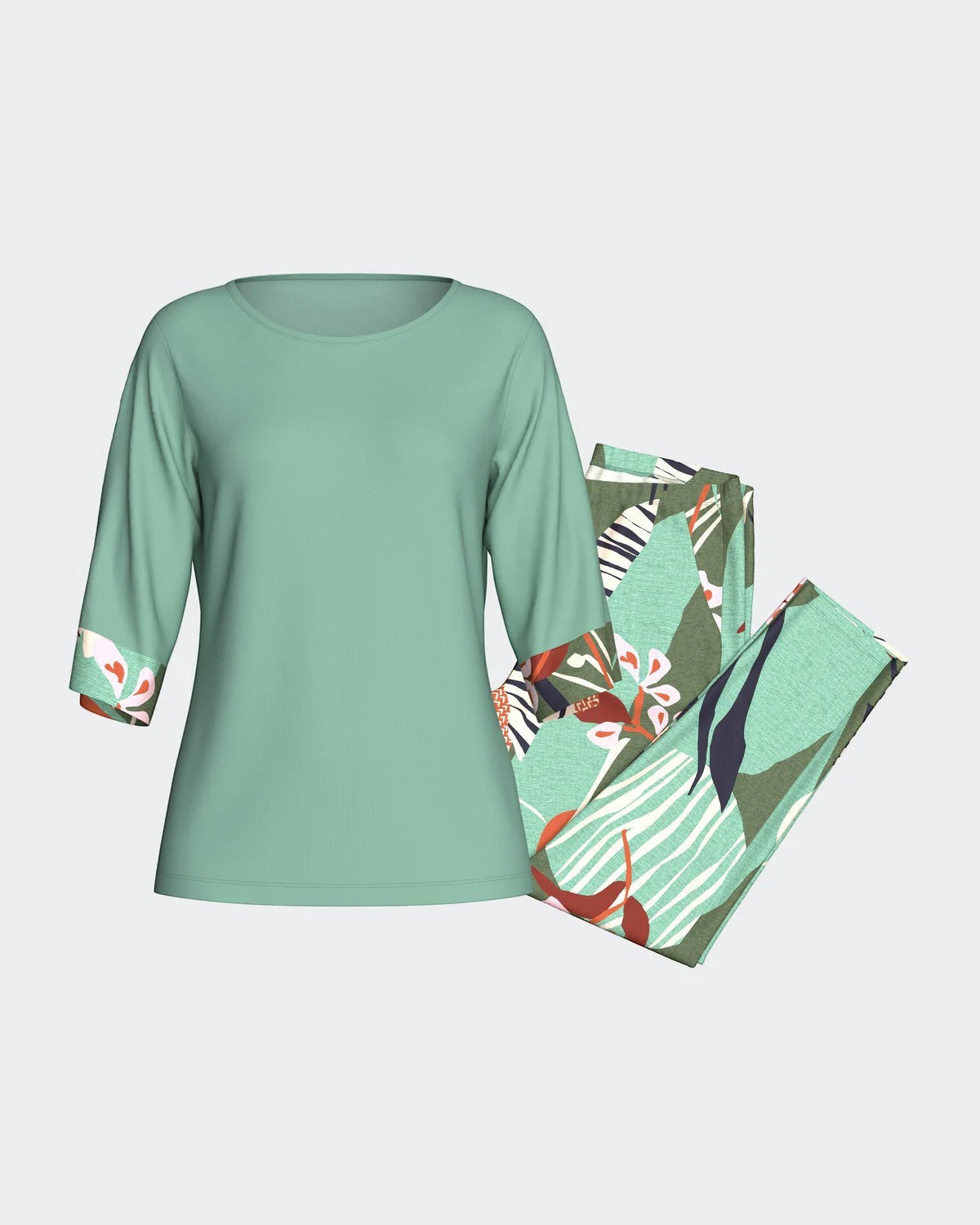 Maison Sarava women's mint green modal lounge set with 3/4 sleeves and tropical print cuffs and pants.