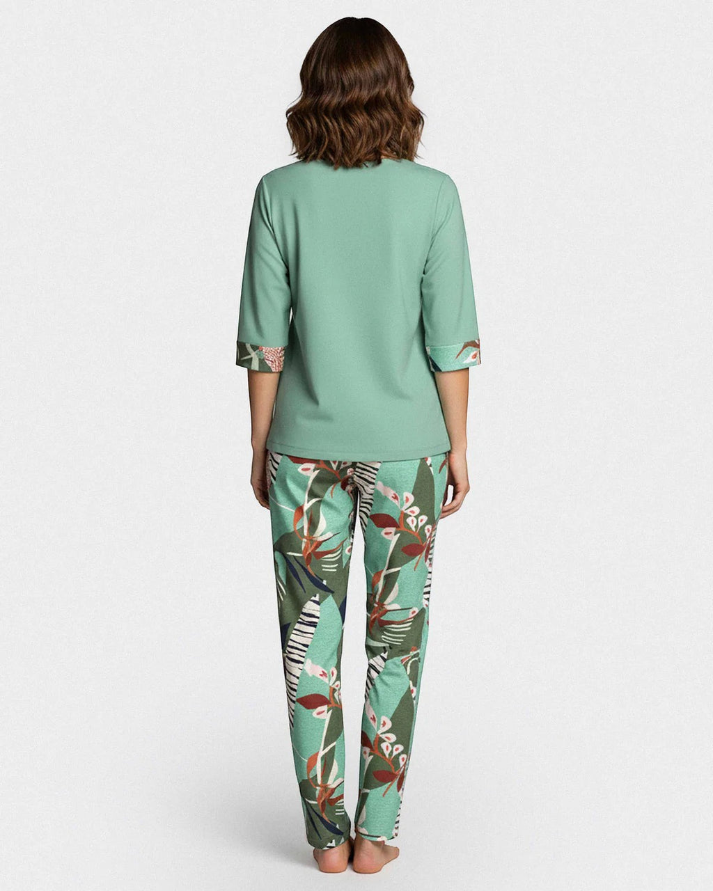 Maison Sarava women's mint green modal lounge set with tropical print pants and 3/4 sleeve top.