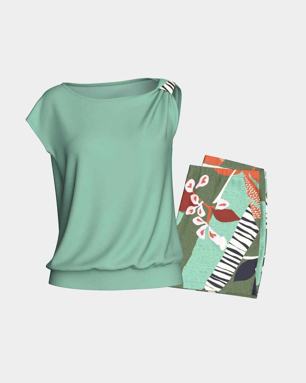 Maison Sarava women's mint green modal lounge set with botanical print shorts and draped shoulder detail.