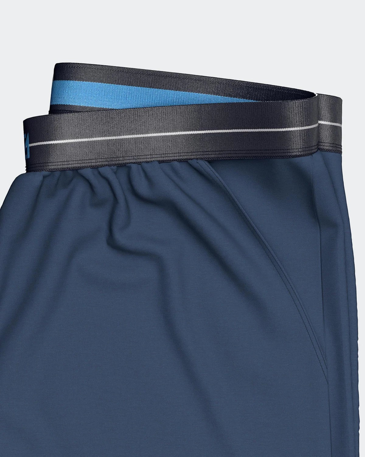 Maison Sarava men's navy blue cotton lounge shorts with a grey and blue striped elastic waistband.