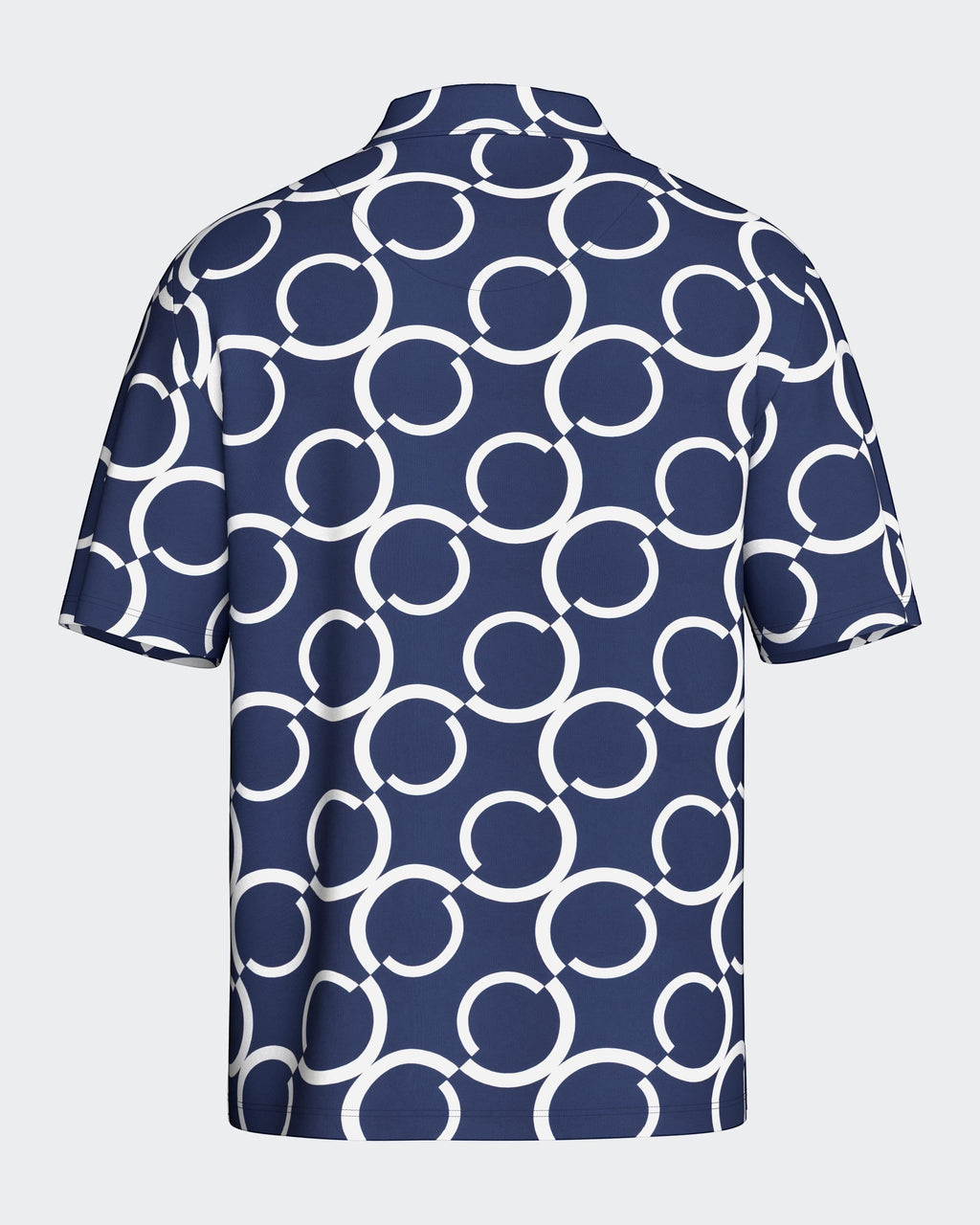 Maison Sarava navy and white geometric print short sleeve resort shirt with open collar.