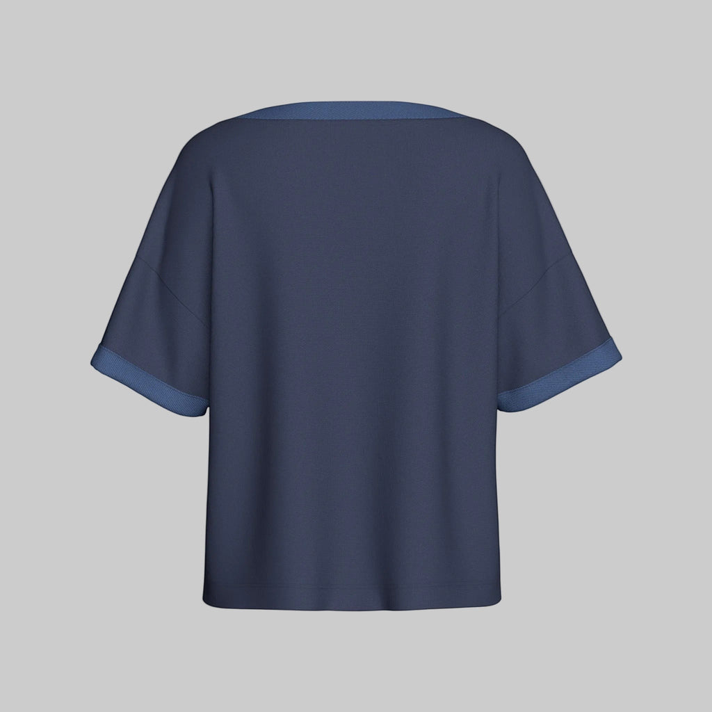 Maison Sarava women's navy lyocell cotton short sleeve lounge top with contrasting trim on neckline and sleeves.