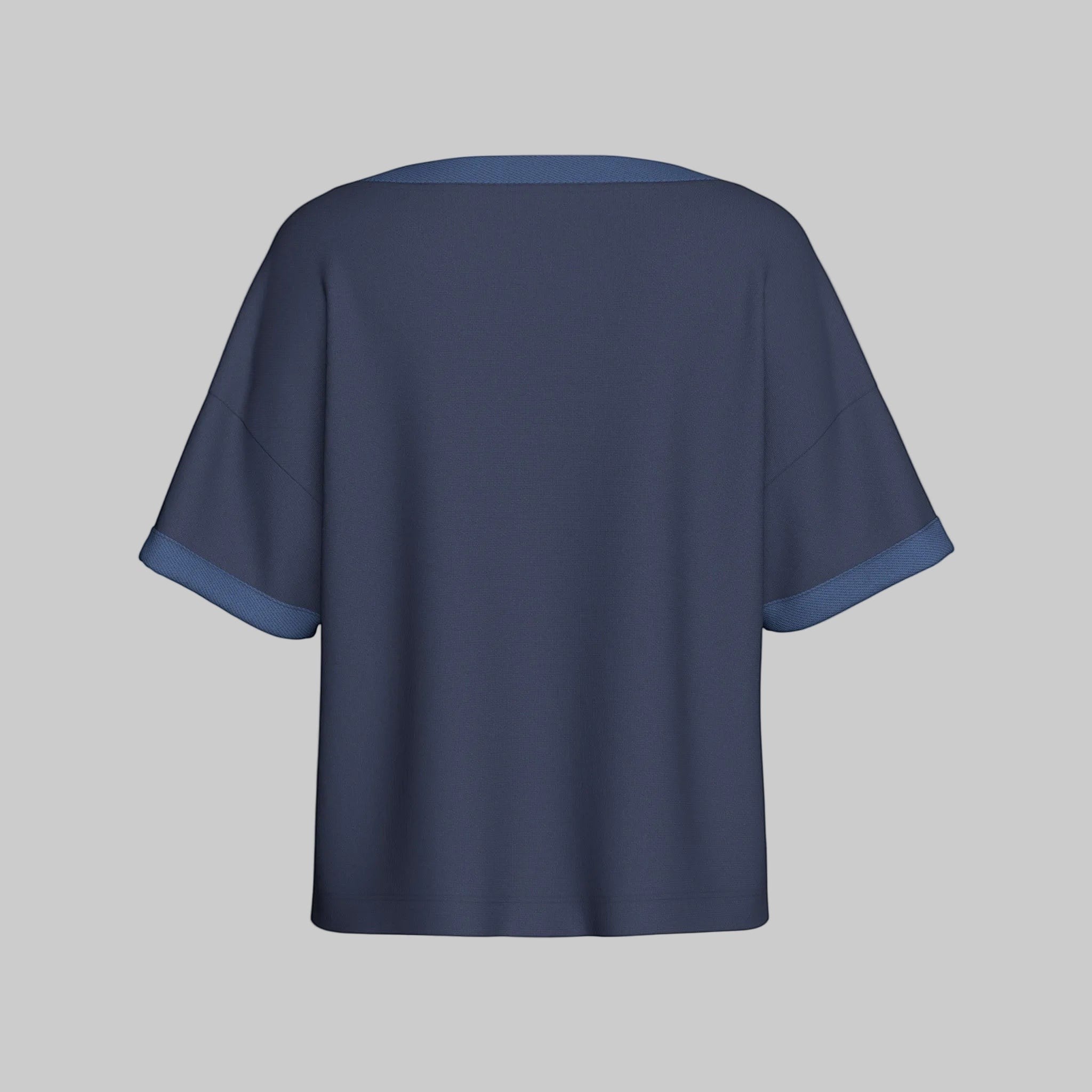 Maison Sarava women's navy lyocell cotton short sleeve lounge top with contrasting trim on neckline and sleeves.