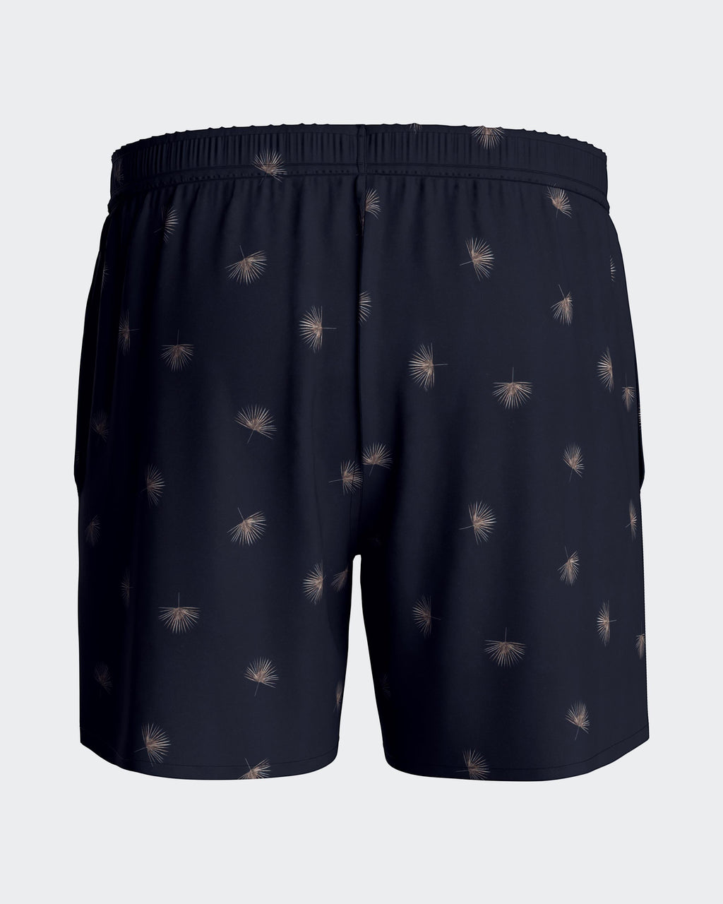 Maison Sarava navy blue men's swim trunks with micro-pattern, elastic waistband, drawstring, side pockets, and inner mesh lining.