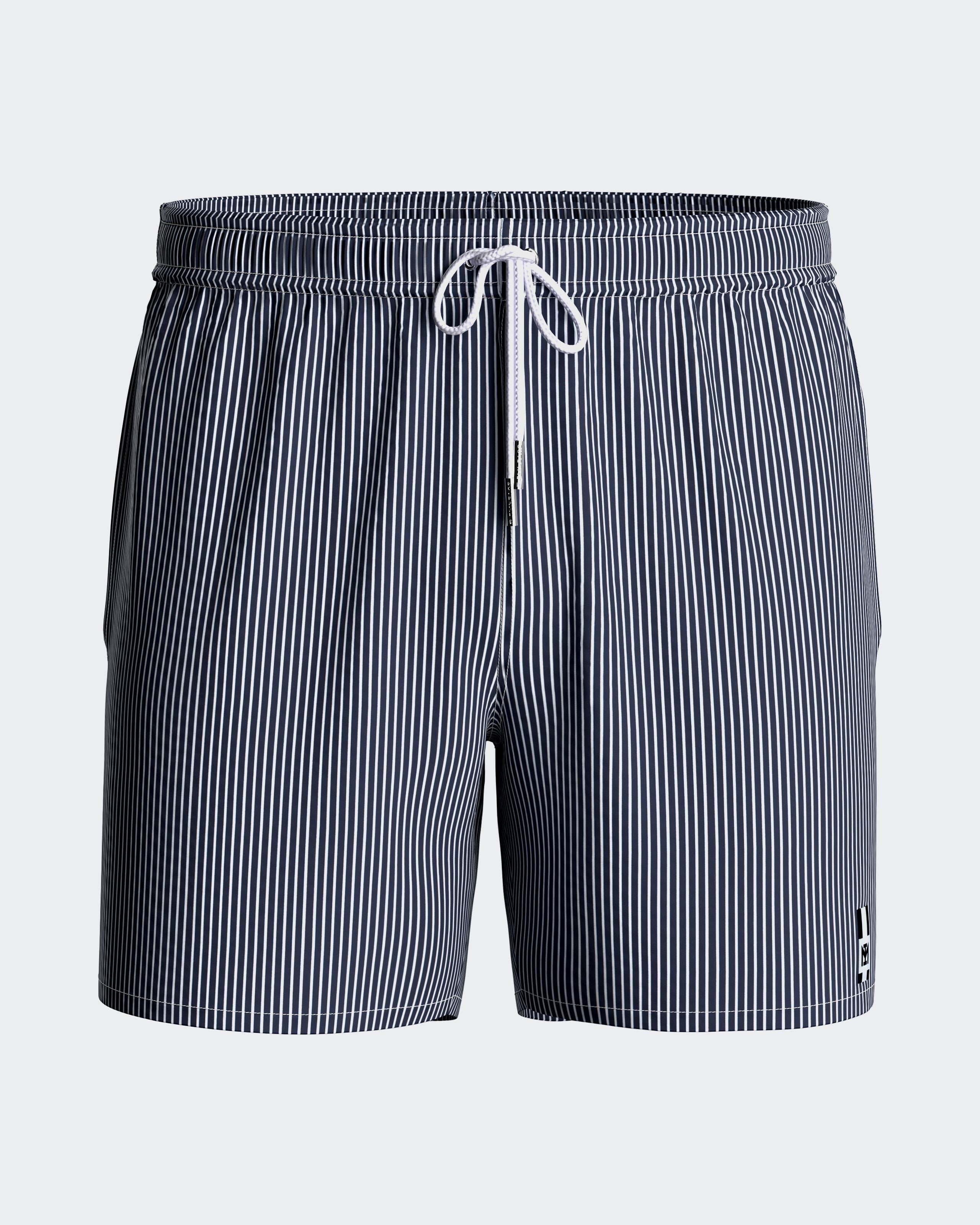 Maison Sarava navy and white pinstripe men's swim shorts with drawstring and side pockets.