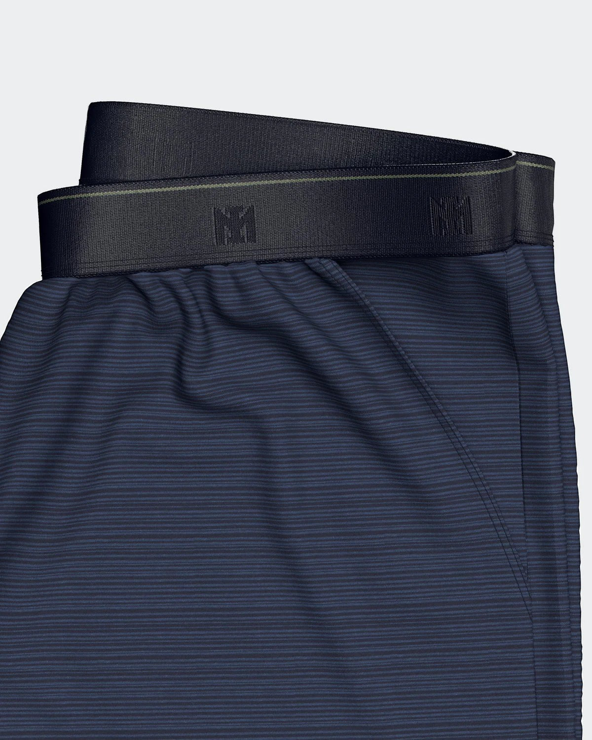 Maison Sarava navy blue striped TENCEL™ Modal lounge shorts with elastic waistband and side pockets.