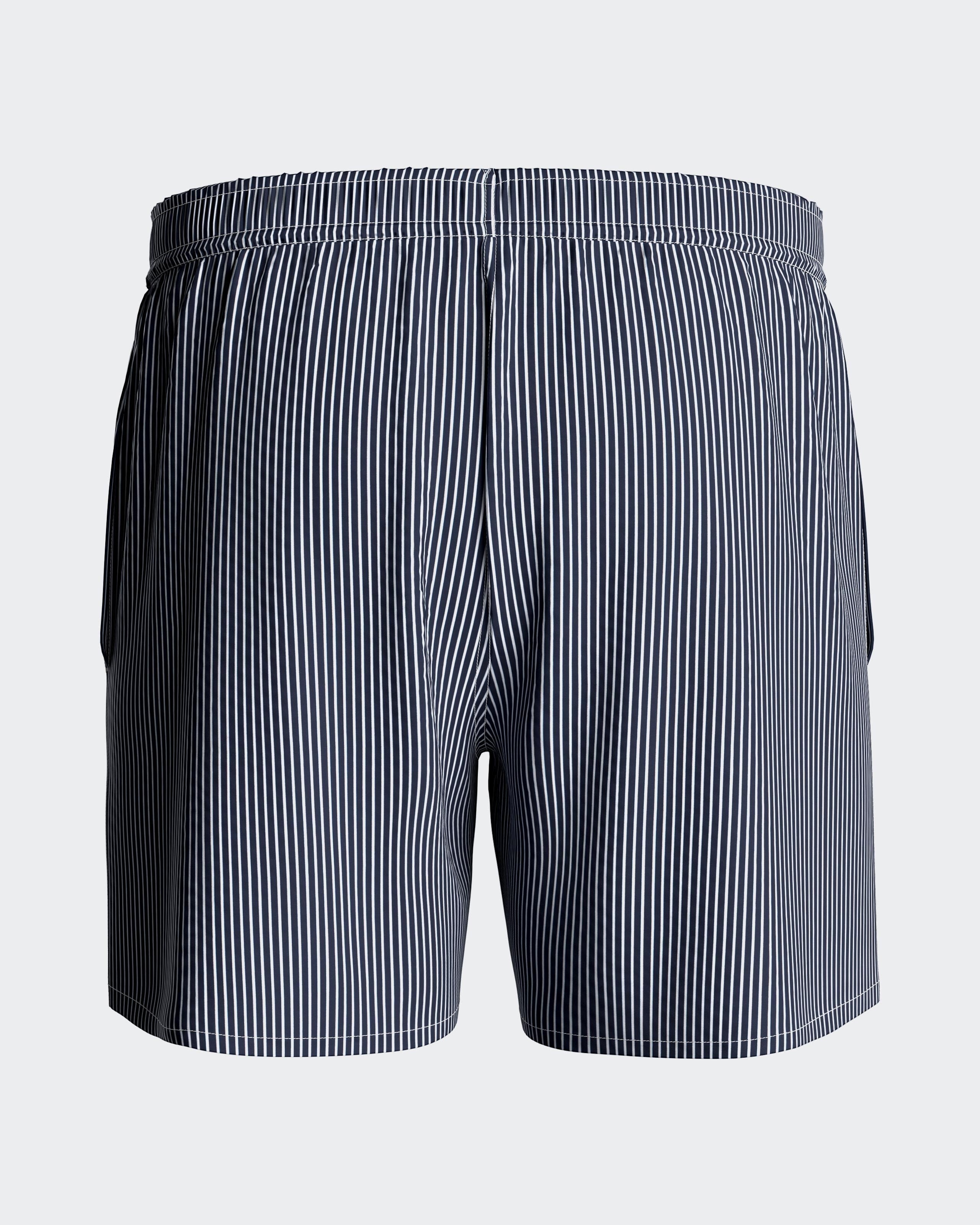 Maison Sarava men's navy and white striped swim shorts with drawstring and side pockets.