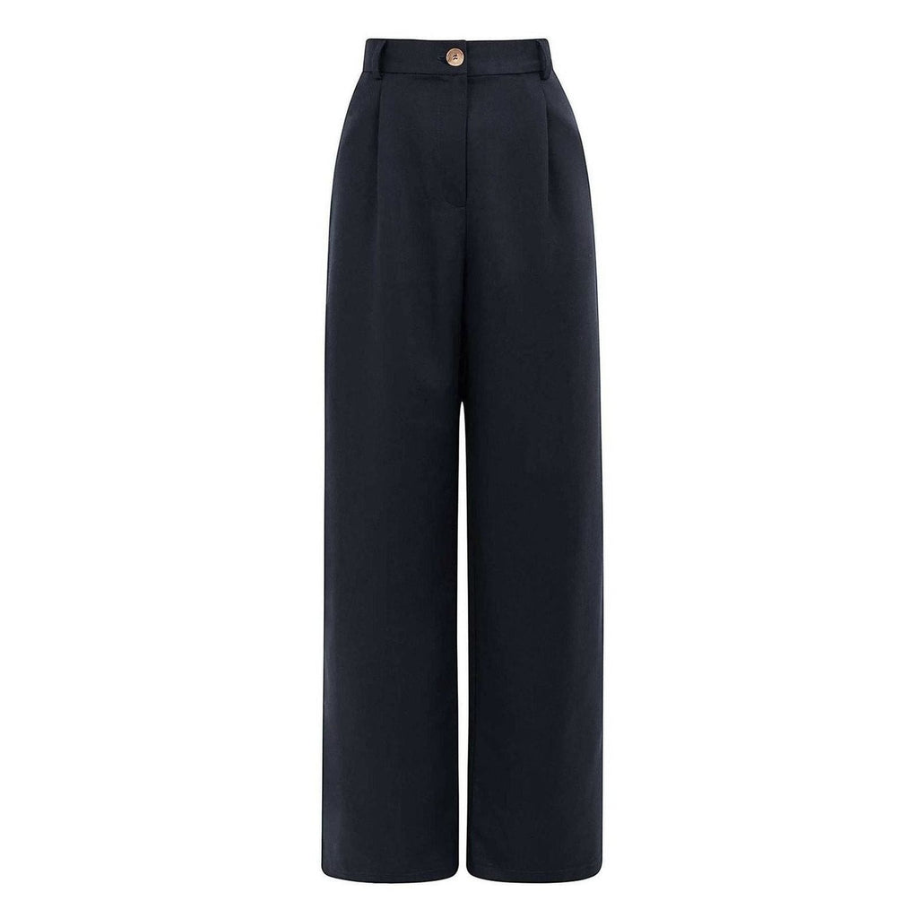 Maison Sarava navy wide leg pleated trousers with a button closure and high waist.