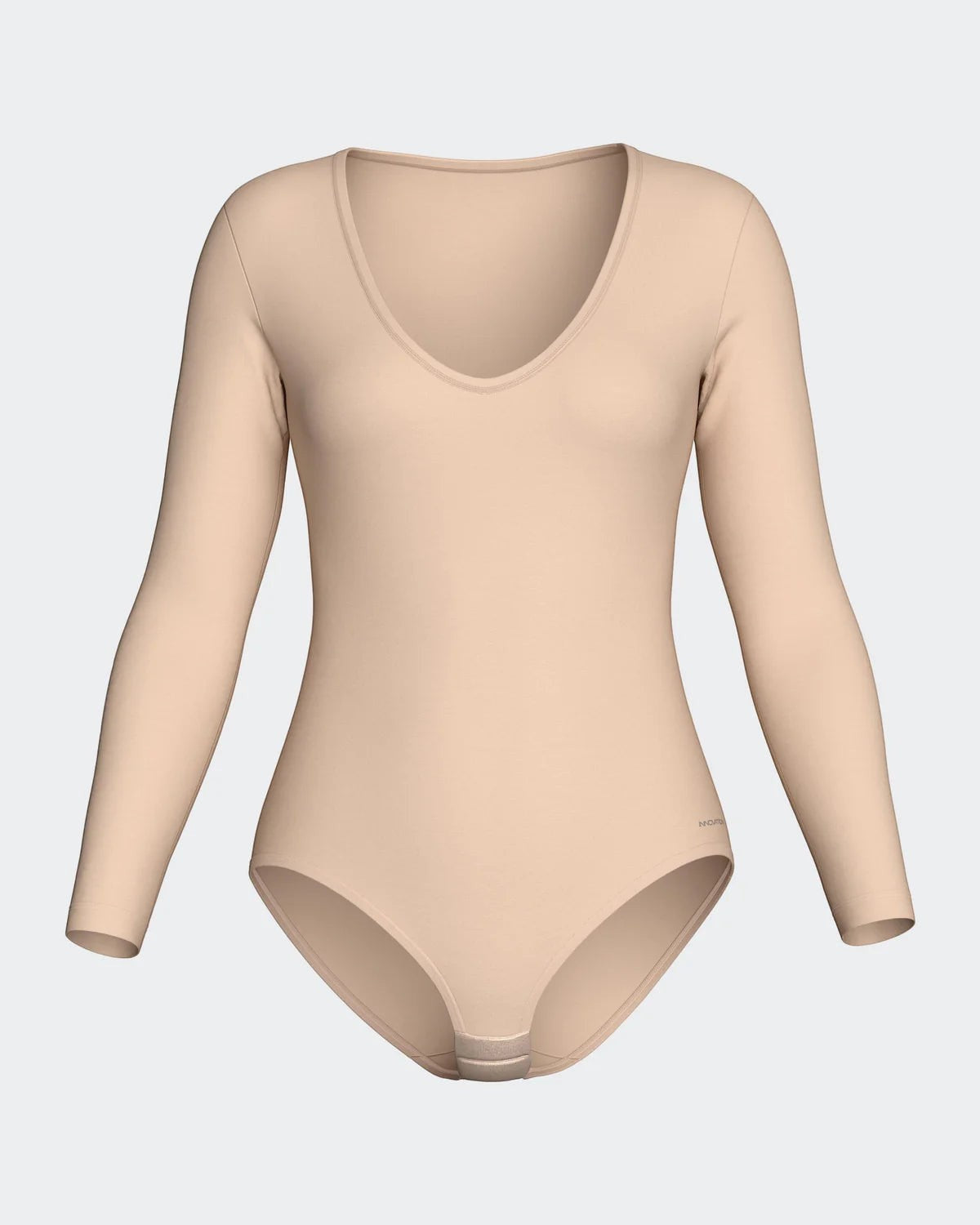 Maison Sarava nude long sleeve V-neck bodysuit made from soft, breathable fabric for a smooth, seamless fit.