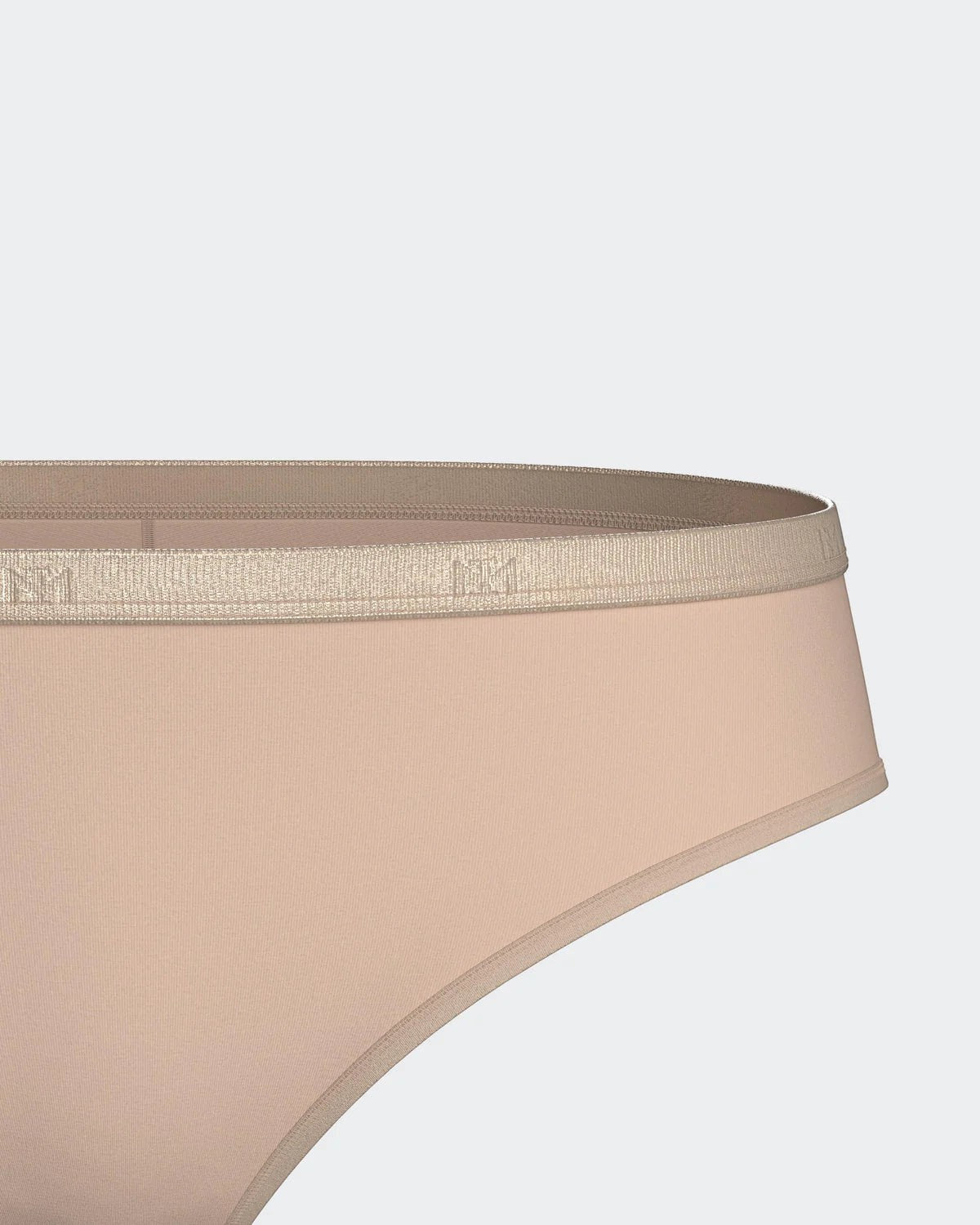 Maison Sarava women's nude lyocell thong with a shimmering elasticated waistband featuring the brand's logo.