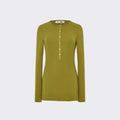 Maison Sarava women's olive green ribbed-jersey long-sleeve henley top with button placket.