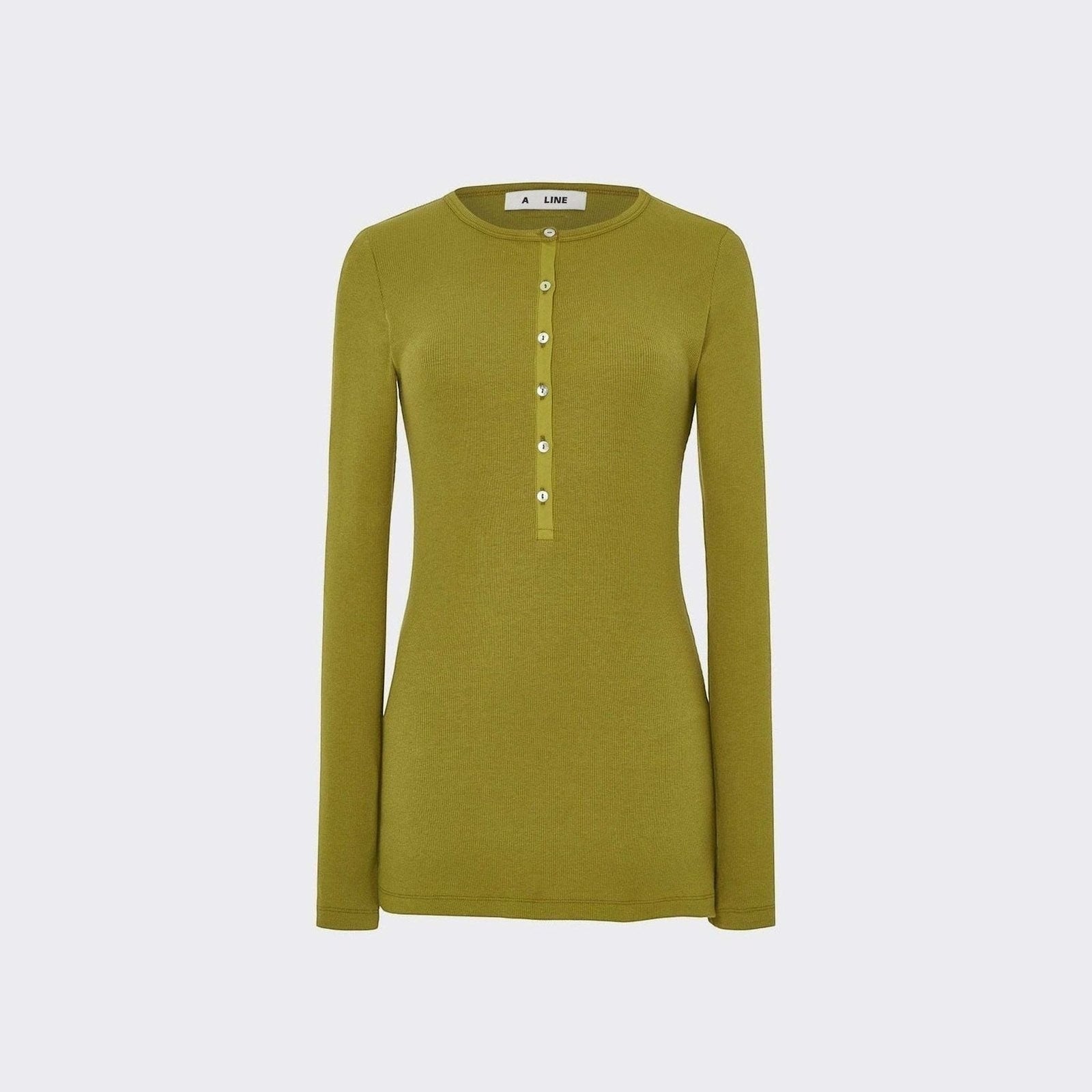 Maison Sarava women's olive green ribbed-jersey long-sleeve henley top with button placket.
