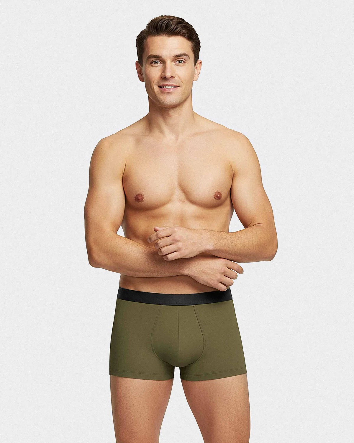 Maison Sarava men's olive green lyocell boxer briefs with black elastic waistband. Comfortable, breathable, and sustainable.
