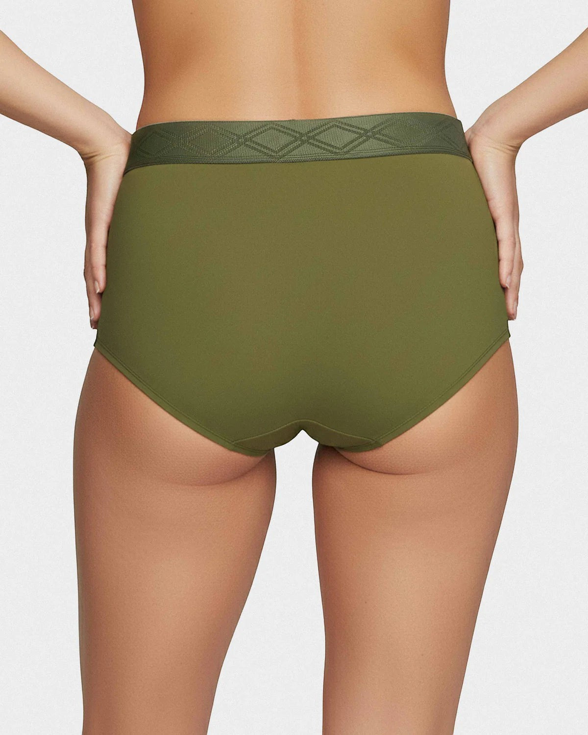 Maison Sarava women's high-waisted briefs in olive green Lyocell with a satin elastic waistband featuring a subtle diamond pattern.