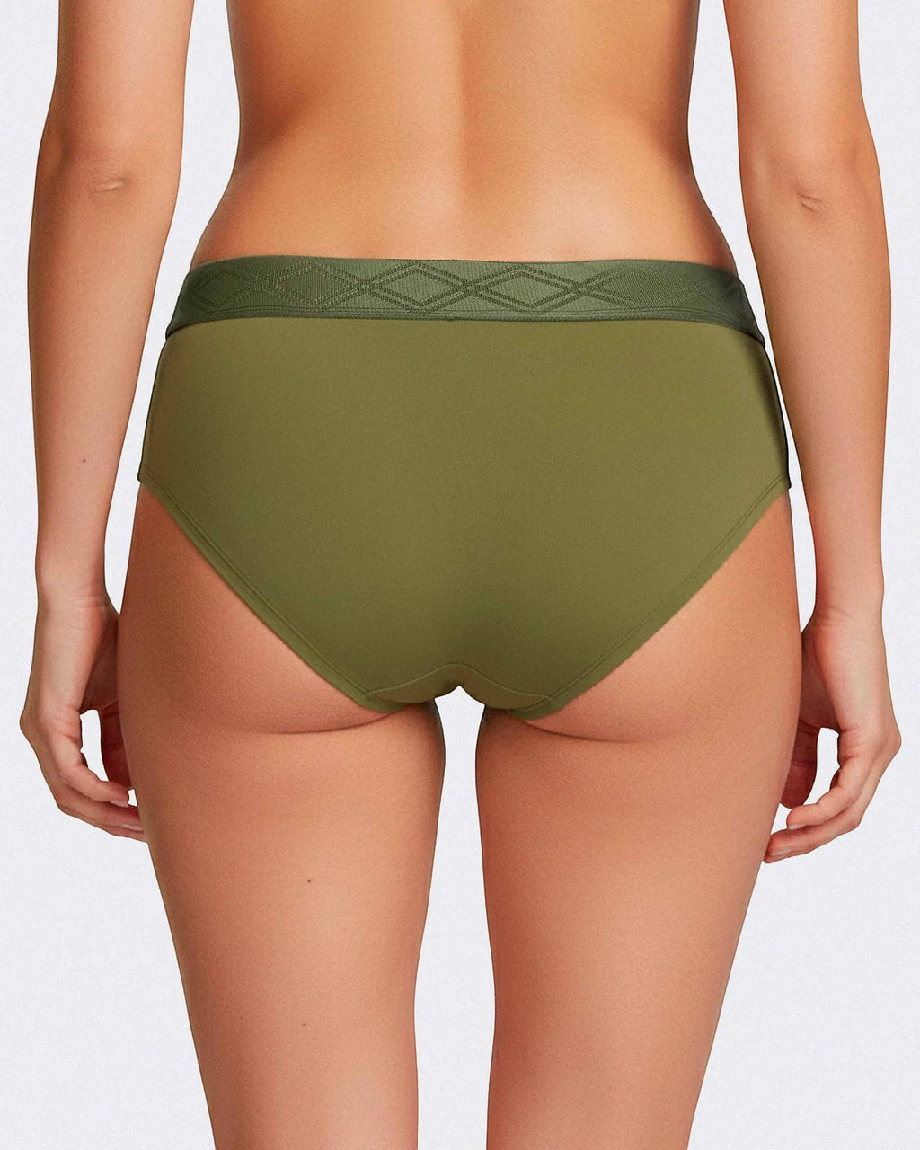 Maison Sarava women's olive green briefs made from Lyocell with a satin elasticated waistband featuring a subtle diamond pattern.