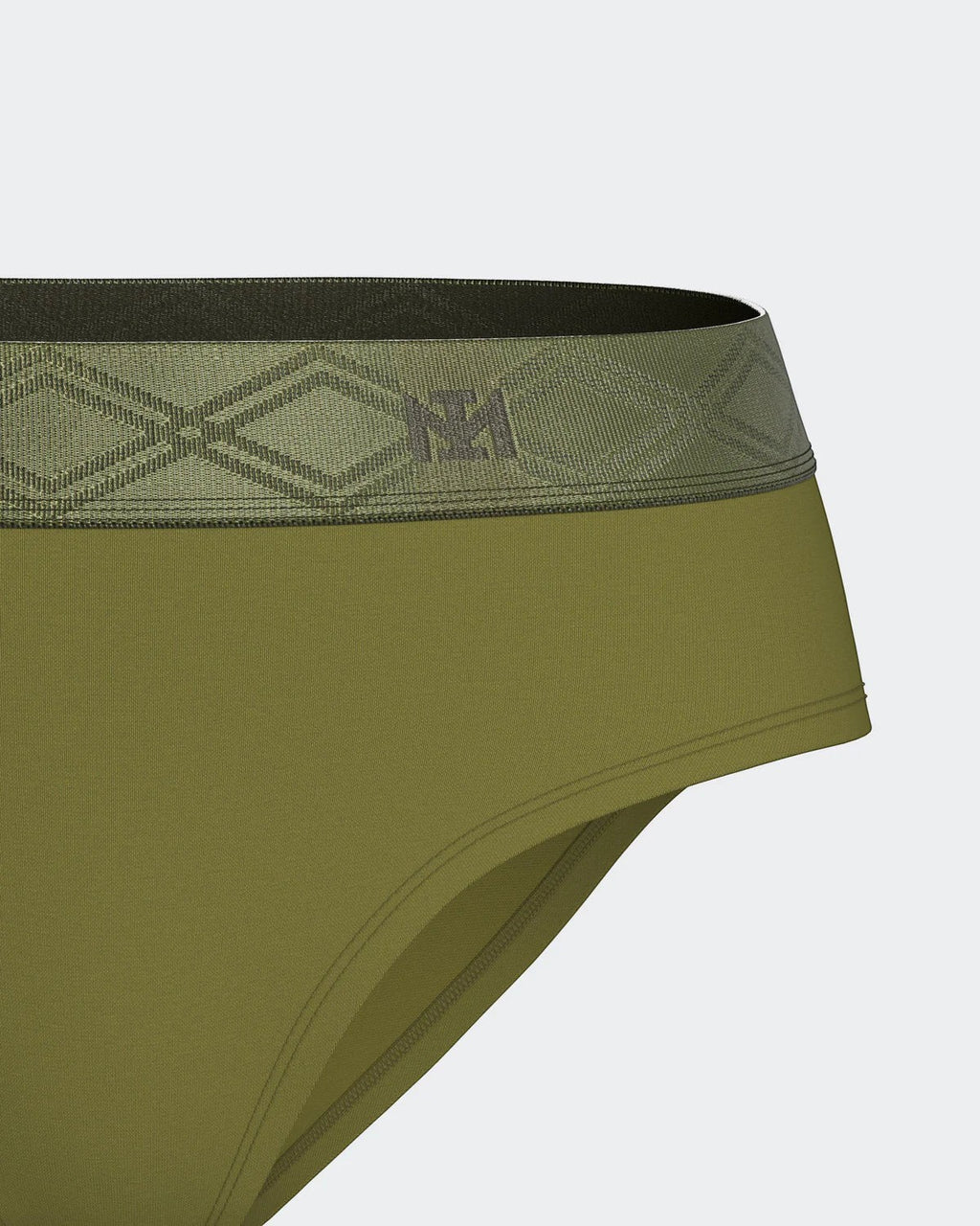 Maison Sarava women's olive green briefs made from TENCEL™ Lyocell with a patterned satin elasticated waistband.