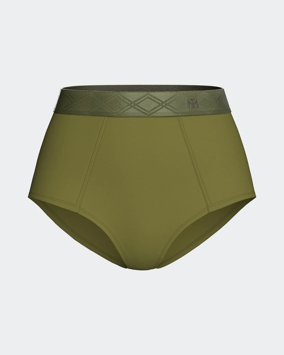 Maison Sarava women's high-waisted briefs in olive green Lyocell with a satin elastic waistband featuring a subtle diamond pattern.