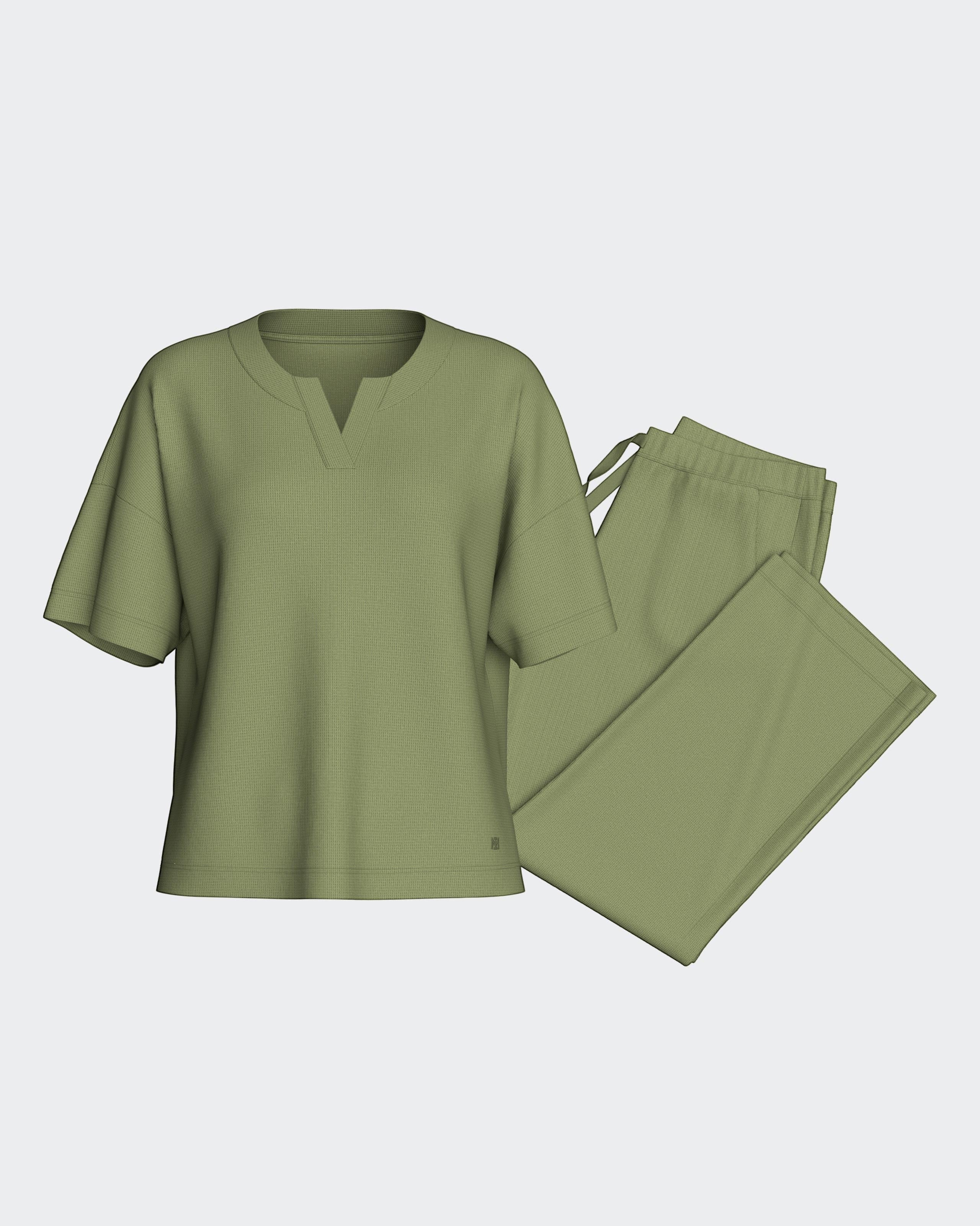 Maison Sarava women's olive green lyocell lounge set with short-sleeve V-neck top and drawstring pants.